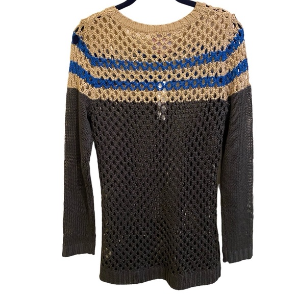 Romeo & Juliet Couture Charcoal/Tan/Blue Open Knit Long Sleeve Sweater Size S - Picture 2 of 6